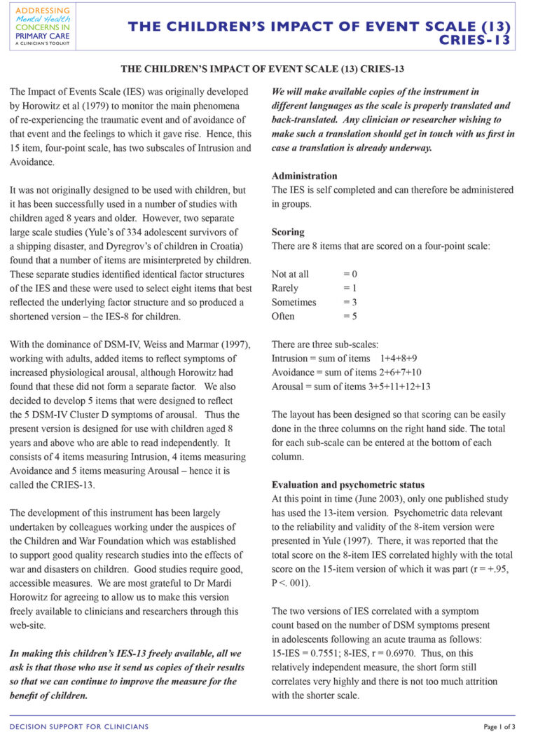 The Children's Impact Event Scare (CRIES) 13-1